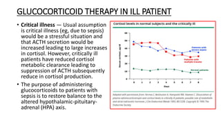 GLUCOCORTICOID THERAPY IN ILL PATIENT
• Critical illness — Usual assumption
is critical illness (eg, due to sepsis)
would be a stressful situation and
that ACTH secretion would be
increased leading to large increases
in cortisol. However, critically ill
patients have reduced cortisol
metabolic clearance leading to
suppression of ACTH subsequently
reduce in cortisol production.
• The purpose of administering
glucocorticoids to patients with
sepsis is to restore balance to the
altered hypothalamic-pituitary-
adrenal (HPA) axis.
 