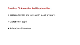 Functions Of Adrenaline And Noradrenaline
Vasoconstriction and increase in blood pressure.
Dilatation of pupil.
Relaxation of intestine.
 