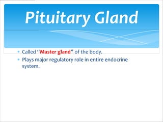 Pituitary Gland
Called “Master gland” of the body.
Plays major regulatory role in entire endocrine
system.
 