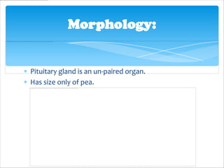 Morphology:


Pituitary gland is an un-paired organ.
Has size only of pea.
 