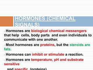 • Hormones are biological chemical messengers
that help cells, body parts and even individuals to
communicate with one another.
• Most hormones are proteins, but the steroids are
fats.
• Hormones can inhibit or stimulate a reaction.
• Hormones are temperature, pH and substrate
sensitive
HORMONES (CHEMICAL
SIGNALS)
 