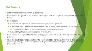 On bones
 differentiation and development of bone cells.
 GH increases the growth of the skeleton. It increases both the length as well as the thickness of the
bones.
 GH increases:
 i. Synthesis and deposition of proteins by chondrocytes and osteogenic cells
 ii. Multiplication of chondrocytes and osteogenic cells by enhancing the intestinal calcium absorption
 iii. Formation of new bones by converting chondrocytes into osteogenic cells
 iv. Availability of calcium for mineralization of bone matrix.
 GH increases the length of the bones, until epiphysis fuses with shaft, which occurs at the time of
puberty.
 After the epiphyseal fusion, length of the bones cannot be increased. However, it stimulates the
osteoblasts strongly. So, the bone continues to grow in thickness throughout the life. Particularly,
the membranous bones
 