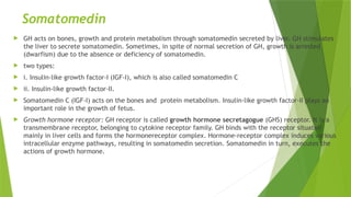 Somatomedin
 GH acts on bones, growth and protein metabolism through somatomedin secreted by liver. GH stimulates
the liver to secrete somatomedin. Sometimes, in spite of normal secretion of GH, growth is arrested
(dwarfism) due to the absence or deficiency of somatomedin.
 two types:
 i. Insulin-like growth factor-I (IGF-I), which is also called somatomedin C
 ii. Insulin-like growth factor-II.
 Somatomedin C (IGF-I) acts on the bones and protein metabolism. Insulin-like growth factor-II plays an
important role in the growth of fetus.
 Growth hormone receptor: GH receptor is called growth hormone secretagogue (GHS) receptor. It is a
transmembrane receptor, belonging to cytokine receptor family. GH binds with the receptor situated
mainly in liver cells and forms the hormonereceptor complex. Hormone-receptor complex induces various
intracellular enzyme pathways, resulting in somatomedin secretion. Somatomedin in turn, executes the
actions of growth hormone.
 