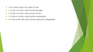  1 to 2 million islets, four types of cells
 1. A cells or α-cells, which secrete glucagon
 2. B cells or β-cells, which secrete insulin
 3. D cells or δ-cells, which secrete somatostatin
 4. F cells or PP cells, which secrete pancreatic polypeptide.
 