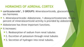 HORMONES OF ADRENAL CORTEX
 corticosteroids’, 3 GROUPS: Mineralocorticoids, glucocorticoids,
sex hormones
 1. Mineralocorticoids: Aldosterone, 1-deoxycorticosterone. Ninety
percent of mineralocorticoid activity is provided by aldosterone.
 Aldosterone has three important functions.
 It increases:
1. Reabsorption of sodium from renal tubules
2. Excretion of potassium through renal tubules
3. Secretion of hydrogen into renal tubules.
 