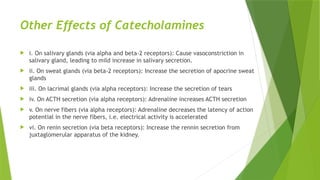 Other Effects of Catecholamines
 i. On salivary glands (via alpha and beta-2 receptors): Cause vasoconstriction in
salivary gland, leading to mild increase in salivary secretion.
 ii. On sweat glands (via beta-2 receptors): Increase the secretion of apocrine sweat
glands
 iii. On lacrimal glands (via alpha receptors): Increase the secretion of tears
 iv. On ACTH secretion (via alpha receptors): Adrenaline increases ACTH secretion
 v. On nerve fibers (via alpha receptors): Adrenaline decreases the latency of action
potential in the nerve fibers, i.e. electrical activity is accelerated
 vi. On renin secretion (via beta receptors): Increase the rennin secretion from
juxtaglomerular apparatus of the kidney.
 