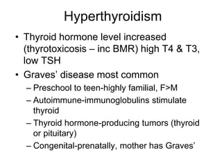 Hyperthyroidism
• Thyroid hormone level increased
(thyrotoxicosis – inc BMR) high T4 & T3,
low TSH
• Graves’ disease most common
– Preschool to teen-highly familial, F>M
– Autoimmune-immunoglobulins stimulate
thyroid
– Thyroid hormone-producing tumors (thyroid
or pituitary)
– Congenital-prenatally, mother has Graves’
 