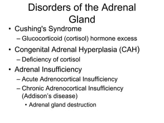Disorders of the Adrenal
Gland
• Cushing's Syndrome
– Glucocorticoid (cortisol) hormone excess
• Congenital Adrenal Hyperplasia (CAH)
– Deficiency of cortisol
• Adrenal Insufficiency
– Acute Adrenocortical Insufficiency
– Chronic Adrenocortical Insufficiency
(Addison’s disease)
• Adrenal gland destruction
 