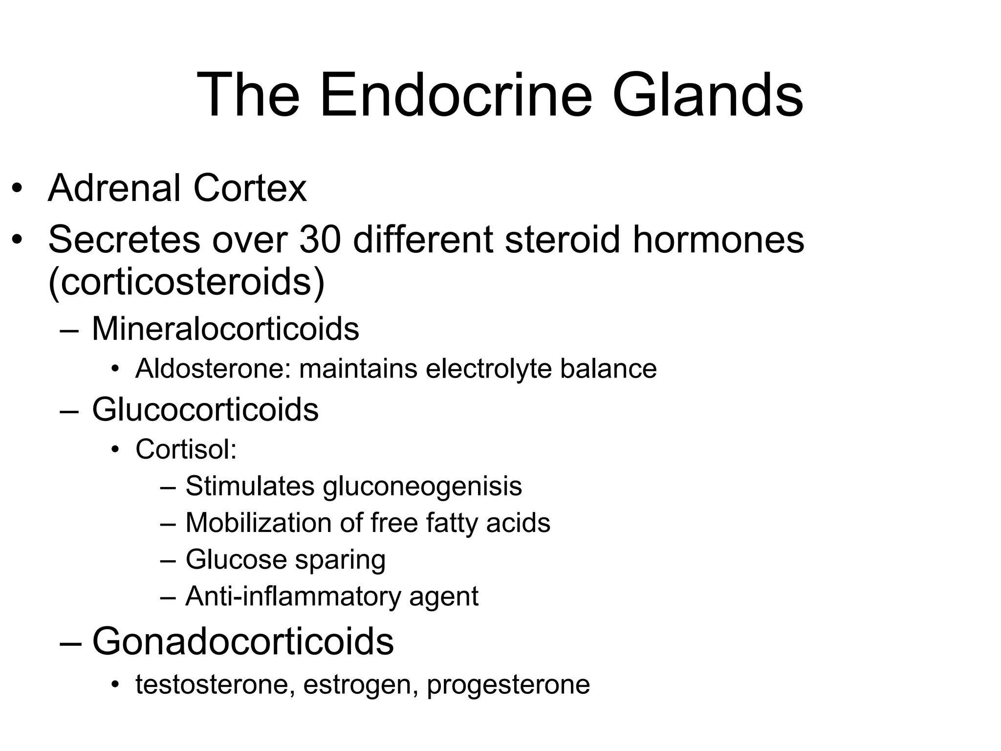 The Endocrine Glands
• Adrenal Cortex
• Secretes over 30 different steroid hormones
(corticosteroids)
– Mineralocorticoids
• Aldosterone: maintains electrolyte balance
– Glucocorticoids
• Cortisol:
– Stimulates gluconeogenisis
– Mobilization of free fatty acids
– Glucose sparing
– Anti-inflammatory agent
– Gonadocorticoids
• testosterone, estrogen, progesterone
 