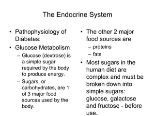 The Endocrine System
• Pathophysiology of
Diabetes:
• Glucose Metabolism
– Glucose (dextrose) is
a simple sugar
required by the body
to produce energy.
– Sugars, or
carbohydrates, are 1
of 3 major food
sources used by the
body.
• The other 2 major
food sources are
– proteins
– fats
• Most sugars in the
human diet are
complex and must be
broken down into
simple sugars:
glucose, galactose
and fructose - before
use.
 