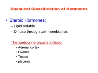 Chemical Classification of Hormones
• Steroid Hormones:
– Lipid soluble
– Diffuse through cell membranes
The Endocrine organs include:
• Adrenal cortex
• Ovaries
• Testes
• placenta
 