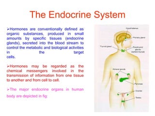 The Endocrine System
Hormones are conventionally defined as
organic substances, produced in small
amounts by specific tissues (endocrine
glands), secreted into the blood stream to
control the metabolic and biological activities
in the target
cells.
Hormones may be regarded as the
chemical messengers involved in the
transmission of information from one tissue
to another and from cell to cell.
The major endocrine organs in human
body are depicted in fig:
 