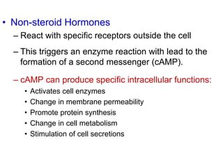 • Non-steroid Hormones
– React with specific receptors outside the cell
– This triggers an enzyme reaction with lead to the
formation of a second messenger (cAMP).
– cAMP can produce specific intracellular functions:
• Activates cell enzymes
• Change in membrane permeability
• Promote protein synthesis
• Change in cell metabolism
• Stimulation of cell secretions
 