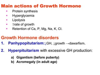 Main actions of Growth Hormone
 Protein synthesis
 Hyperglycemia
 Lipolysis
 ↑rate of growth
 Retention of Ca, P, Mg, Na, K, CI.
Growth Hormone disorders
1. Panhypopitutarism:↓GH, ↓growth →dawarfism.
2. Hyperpituitarism with excessive GH production:
a) Gigantism (before puberty)
b) Acromegaly (in adult age)
 