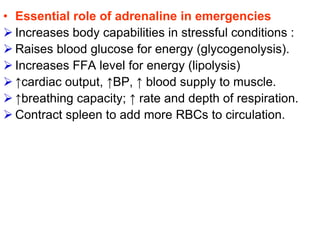 • Essential role of adrenaline in emergencies
 Increases body capabilities in stressful conditions :
 Raises blood glucose for energy (glycogenolysis).
 Increases FFA level for energy (lipolysis)
 ↑cardiac output, ↑BP, ↑ blood supply to muscle.
 ↑breathing capacity; ↑ rate and depth of respiration.
 Contract spleen to add more RBCs to circulation.
 