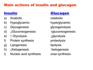 Main actions of insulin and glucagon
Insulin Glucaqon
a) Anabolic catabolic
b) Hypoglycemic hyperglycemic
c) Glycogenesis glycogenolysis
d) ↓Gluconeogenesis ↑gluconeogenesis
e) ↑ GIycolysis ↓glycolysis
f) Protein synthesis proteolysis
g) Lipogenesis lipolysis
h) ↓Ketogenesis ↑ketogenesis
i) Nucleic acid synthesis urea synthesis.
 
