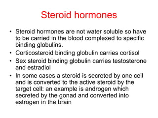 Steroid hormones
• Steroid hormones are not water soluble so have
to be carried in the blood complexed to specific
binding globulins.
• Corticosteroid binding globulin carries cortisol
• Sex steroid binding globulin carries testosterone
and estradiol
• In some cases a steroid is secreted by one cell
and is converted to the active steroid by the
target cell: an example is androgen which
secreted by the gonad and converted into
estrogen in the brain
 