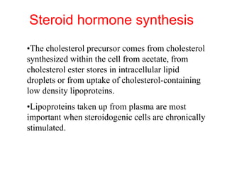 Steroid hormone synthesis
•The cholesterol precursor comes from cholesterol
synthesized within the cell from acetate, from
cholesterol ester stores in intracellular lipid
droplets or from uptake of cholesterol-containing
low density lipoproteins.
•Lipoproteins taken up from plasma are most
important when steroidogenic cells are chronically
stimulated.
 