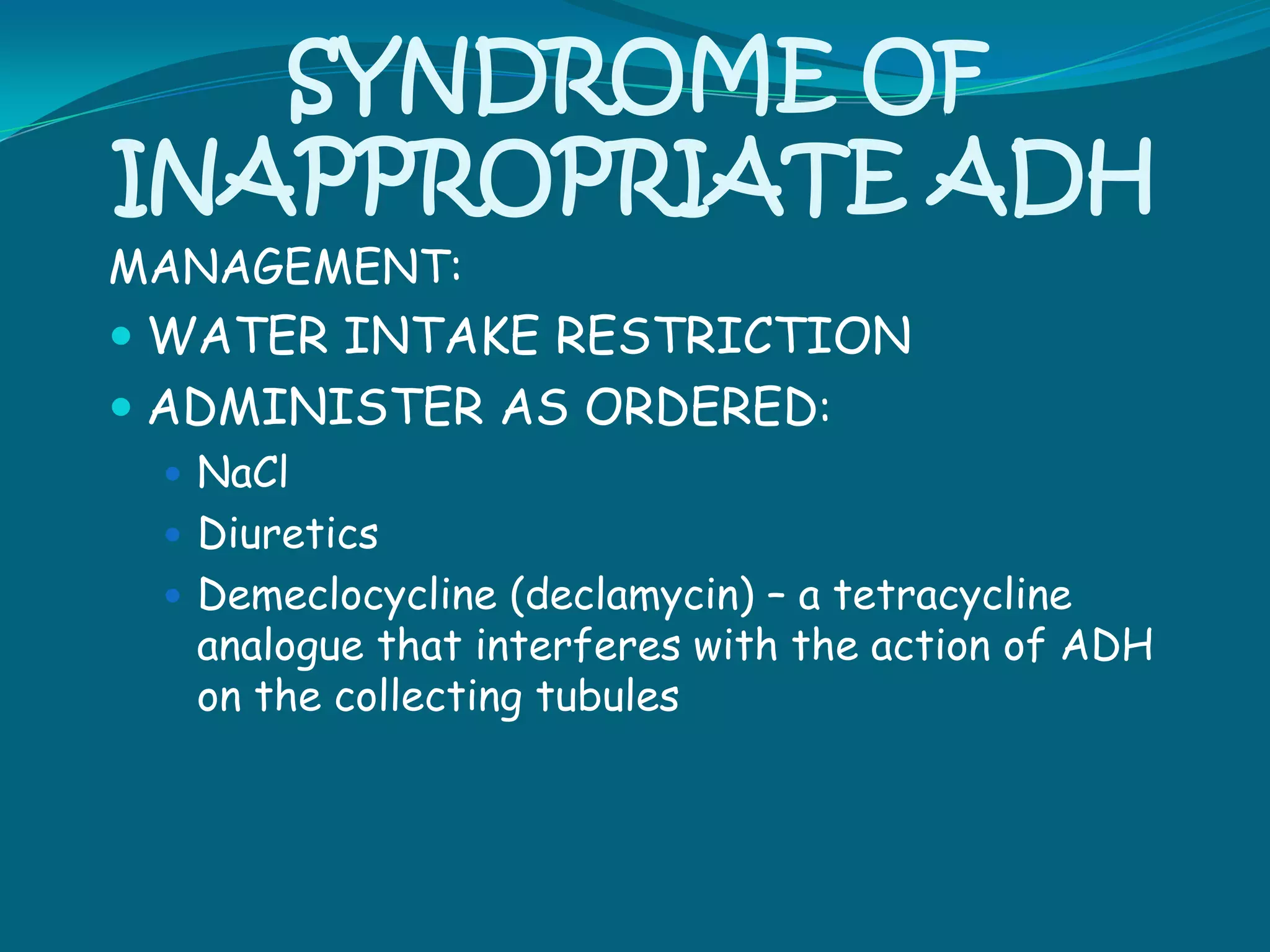 DIABETES INSIPIDUSCHARACTERIZED BY A DEFICIENCY OF ADH. WHEN IT OCCURS, IT IS MOST OFTEN ASSOCIATED WITH :NEUROLOGICAL CONDITIONS, SURGERY, TUMORS, HEAD INJURY, OR INFLAMMATORY PROBLEMS