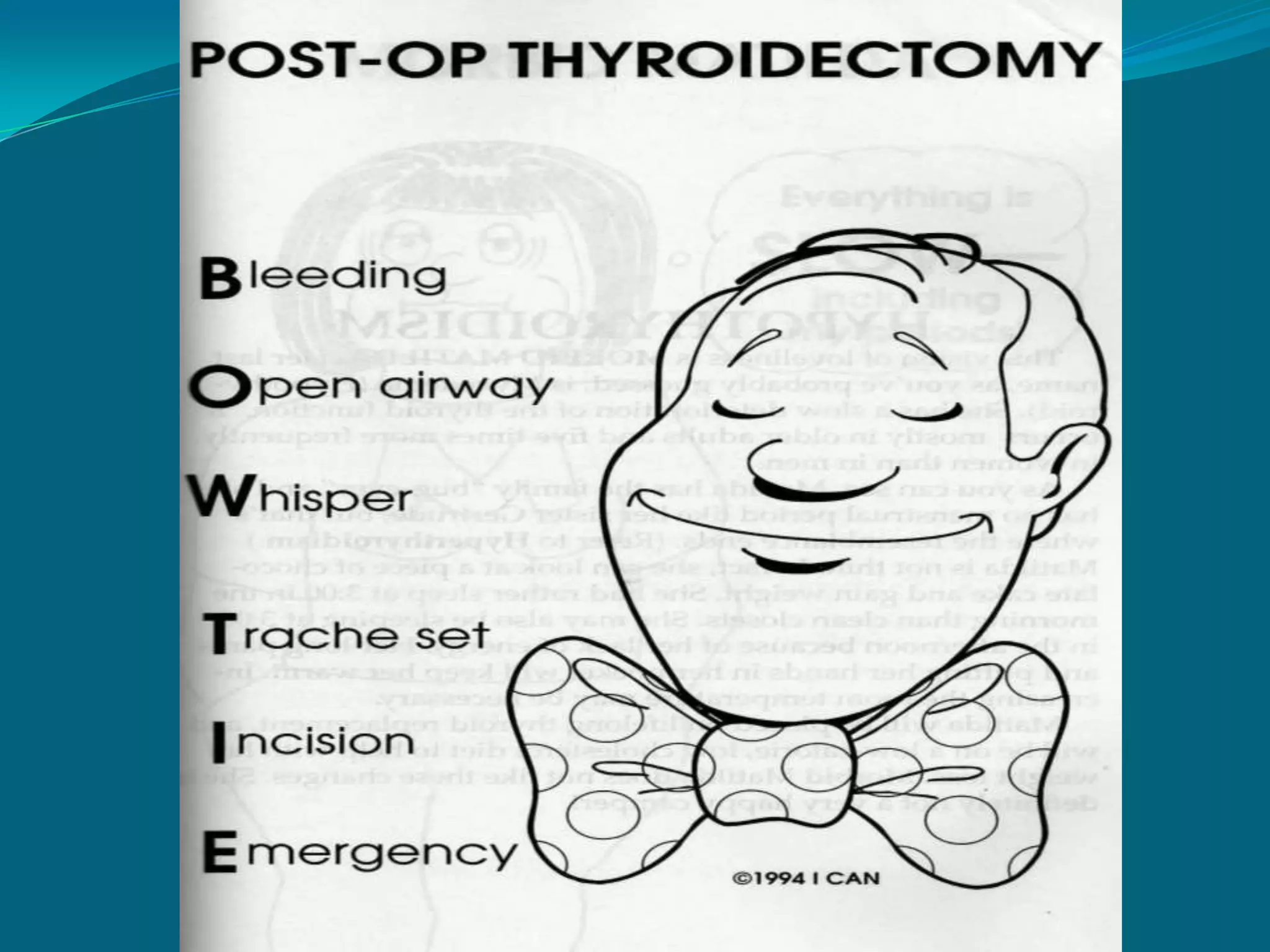 Complications : cardiovascular disease (HPN, Angina, CHF) Exophthalmos – abnormal protrusion of the eyeballs caused by abnormal deposits of fat and fluid in   the retroocular tissue Corneal abrasion Thyroid storm or crisis  life-threatening    hypermetabolism and excessive adrenergic   response (HR, RR, BP)