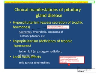 Clinical manifestations of pituitary
gland disease
• Hyperpituitarism (excess secretion of trophic
hormones)
‐ Adenomas, hyperplasia, carcinoma of
anterior pituitary, etc
• Hypopituitarism (deficiency of trophic
hormones)
‐ Ischemic injury, surgery, radiation,
inflammation
• Local mass effects
‐ sella turcica abnormalities
most common cause of
hyperpituitarism is adenoma
Pituitary gland diseases of various etiologies can either present as too much trophic hormone (hyper-) or too little (hypo-).
What hormones do the
neurohypophysis secrete?
Where are these hormones
produced?
tcl12
--------------------------------------------
oxytocin and ADH; the
hypothalamus
 