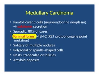 Medullary Carcinoma
• Parafollicular C cells (neuroendocrine neoplasm)
→ calcitonin secretion
• Sporadic: 80% of cases
• Familial forms: MEN 2
‐ (RET protooncogene point
mutation)
• Solitary of multiple nodules
• Polygonal or spindle shaped
‐ cells
• Nests, trabeculae or follicles
• Amyloid deposits
 