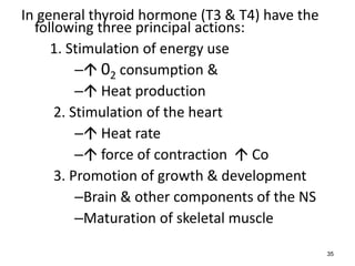 In general thyroid hormone (T3 & T4) have the
following three principal actions:
1. Stimulation of energy use
– 02 consumption &
– Heat production
2. Stimulation of the heart
– Heat rate
– force of contraction  Co
3. Promotion of growth & development
–Brain & other components of the NS
–Maturation of skeletal muscle
35
 