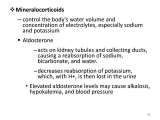 Mineralocorticoids
– control the body's water volume and
concentration of electrolytes, especially sodium
and potassium
 Aldosterone
–acts on kidney tubules and collecting ducts,
causing a reabsorption of sodium,
bicarbonate, and water.
–decreases reabsorption of potassium,
which, with H+, is then lost in the urine
• Elevated aldosterone levels may cause alkalosis,
hypokalemia, and blood pressure
66
 