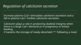 Regulation of calcitonin secretion
Increase plasma Ca2+ stimulates calcitonin secretion and a
fall in plasma Ca2+ inhibits calcitonin secretion
Calcitonin plays a role in protecting skeletal integrity when
there is a large Ca2+ demand as in pregnancy or breast
feeding
it hastens the storage of newly absorbed Ca2+
following a meal.
 