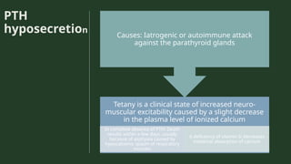 PTH
hyposecretion
Tetany is a clinical state of increased neuro-
muscular excitability caused by a slight decrease
in the plasma level of ionized calcium
In complete absence of PTH: Death
results within a few days, usually
because of asphyxia caused by
hypocalcemic spasm of respiratory
muscles
A deficiency of vitamin D decreases
intestinal absorption of calcium
Causes: Iatrogenic or autoimmune attack
against the parathyroid glands
 
