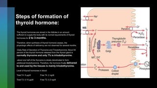 Steps of formation of
thyroid hormone:
The thyroid hormones are stored in the follicles in an amount
sufficient to supply the body with its normal requirements of thyroid
hormones for 2 to 3 months.
Therefore, when synthesis of thyroid hormone ceases, the
physiologic effects of deficiency are not observed for several months.
-Daily Rate of Secretion of Thyroxine and Triiodothyronine: About 93
percent of the thyroid hormone released from the thyroid gland is
normally thyroxine and only 7% is triiodothyronine.
-about one half of the thyroxine is slowly deiodinated to form
additional triiodothyronine. Therefore, the hormone finally delivered
to and used by the tissues is mainly triiodothyronine.
Level of thyroid hormones in blood:
Total T4: 8 μg/dl Free T4: 2 ng/dl
Total T3: 0.15 μg/dl Free T3: 0.3 ng/dl
 