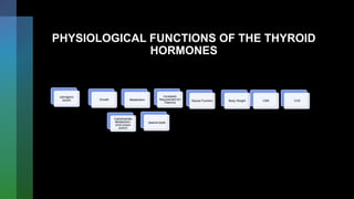 PHYSIOLOGICAL FUNCTIONS OF THE THYROID
HORMONES
calorigenic
acyion Growth Metabolism
Carbohydrate
Metabolism:
(Anti-insulin
action)
plasma lipids
Sexual Function
Increased
Requirement for
Vitamins
Body Weight CVS
CNS
 