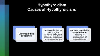 Hypothyroidism
Causes of Hypothyroidism:
Chronic iodine
deficiency
Iatrogenic due to
over surgical
removal of thyroid
tissue or excessive
anti-thyroid drugs
chronic thyroiditis
(autoimmune)
leading to
destruction of
thyroid tissue.
 