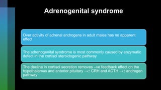 Adrenogenital syndrome
Over activity of adrenal androgens in adult males has no apparent
effect
The adrenogenital syndrome is most commonly caused by enzymatic
defect in the cortisol steroidogenic pathway
The decline in cortisol secretion removes –ve feedback effect on the
hypothalamus and anterior pituitary →↑ CRH and ACTH →↑ androgen
pathway
 