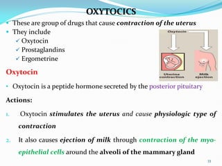 OXYTOCICS
 These are group of drugs that cause contraction of the uterus
 They include
 Oxytocin
 Prostaglandins
 Ergometrine
Oxytocin
• Oxytocin is a peptide hormone secreted by the posterior pituitary
Actions:
1. Oxytocin stimulates the uterus and cause physiologic type of
contraction
2. It also causes ejection of milk through contraction of the myo-
epithelial cells around the alveoli of the mammary gland
33
 
