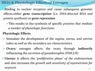 MOA & Physiologic Effects of Estrogen
Binding to nuclear receptors and cause subsequent genomic
effects-either gene transcription (i.e. DNA-directed RNA and
protein synthesis) or gene repression
This results in the synthesis of specific proteins that mediate
a number of physiologic functions:
Physiologic Effects
 Stimulate the development of the vagina, uterus, and uterine
tubes as well as the secondary sex characteristics
 Ovary: estrogen affects the ovary through indirectly
influencing the secretion of gonadotrophin (FSH,LH)
 Uterus: it affects the ‘proliferative phase’ of the endometrium
and also increases the growth and sensitivity of myometrium for
oxytocin 45
 