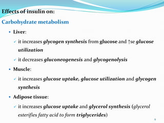 Effects of insulin on:
Carbohydrate metabolism
 Liver:
 it increases glycogen synthesis from glucose and ↑se glucose
utilization
 it decreases gluconeogenesis and glycogenolysis
 Muscle:
 it increases glucose uptake, glucose utilization and glycogen
synthesis
 Adipose tissue:
 it increases glucose uptake and glycerol synthesis (glycerol
esterifies fatty acid to form triglycerides)
9
 