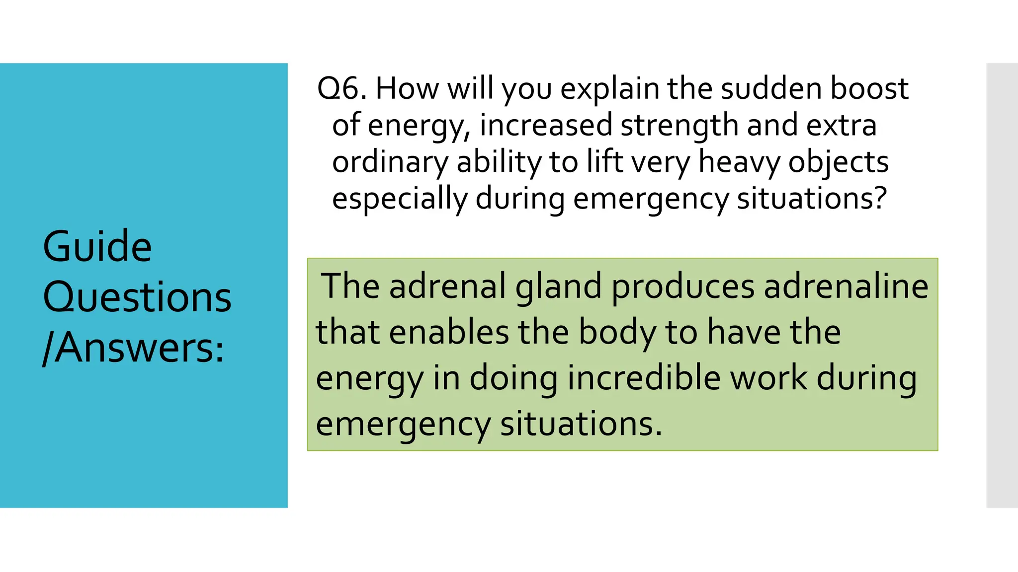 Q6. How will you explain the sudden boost
of energy, increased strength and extra
ordinary ability to lift very heavy objects
especially during emergency situations?
The adrenal gland produces adrenaline
that enables the body to have the
energy in doing incredible work during
emergency situations.
Guide
Questions
/Answers:
 
