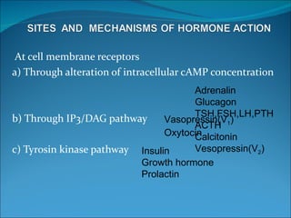 At cell membrane receptors a) Through alteration of intracellular cAMP concentration b) Through IP3/DAG pathway c) Tyrosin kinase pathway Adrenalin Glucagon TSH,FSH,LH,PTH ACTH Calcitonin Vesopressin(V 2 ) Vasopressin(V 1 ) Oxytocin Insulin Growth hormone Prolactin 