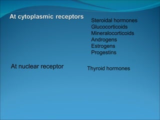 Steroidal hormones Glucocorticoids Mineralocorticoids Androgens Estrogens Progestins At nuclear receptor Thyroid hormones 