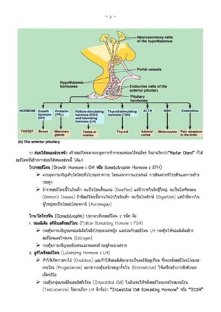 ~3~




       1.1 ตอมใตสมองสวนหนา สรางฮอรโมนมาควบคุมการทํางานของตอมไรทออื่นๆ จึงอาจเรียกวา“Master Gland” ก็ได
ฮอรโมนที่สรางจากตอมใตสมองสวนนี้ ไดแก
       โกรทฮอรโมน (Growth Hormone : GH หรือ Somatotrophin Hormone : STH)
                 ควบคุมการเจริญเติบโตโดยทั่วไปของรางกาย โดยเฉพาะการแบงเซลล การสังเคราะหโปรตีนและการสราง
                 กระดูก
                 ถาขาดฮอรโมนนี้ในวัยเด็ก จะเปนโรคเตี้ยแคระ (Dwarfism) แตถาขาดในวัยผูใหญ จะเปนโรคซิมมอน
                                                                                         
                 (Simmon’s Disease) ถามีฮอรโมนนี้มากเกินไปในวัยเด็ก จะเปนโรคยักษ (Gigantism) แตถามีมากใน
                 ผูใหญจะเปนโรคอะโครเมกาลี (Acromegaly)

        โกนาโดโทรฟน (Gonadotrophin) ประกอบดวยฮอรโมน 2 ชนิด คือ
        1. ฟอลลิเคิล สติมวเลติงฮอรโมน (Follicle Stimulating Homone : FSH)
                         ิ
                กระตุนการเจริญของฟอลลิเคิลในรังไขของเพศหญิง และรวมกับฮอรโมน LH กระตุนใหฟอลลิเคิลสราง
                ฮอรโมนเอสโทรเจน (Estrogen)
                กระตุนการเจริญของอัณฑะและหลอดสรางอสุจิของเพศชาย
        2. ลูทไนซิงฮอรโมน (Luteinizing Hormone : LH)
              ิ
                ทําใหเกิดการตกไข (Ovulation) และทําใหฟอลลิเคิลกลายเปนคอรพัสลูเทียม ซึ่งจะหลั่งฮอรโมนโพรเจส-
                เทอโรน (Progesterone) ออกมากระตุนผนังมดลูกชั้นใน (Endometrium) ใหเตรียมรับการฝงตัวของ
                เอ็มบริโอ
                กระตุนกลุมเซลลอินเตอรสติเชียล (Interstitial Cell) ในอัณฑะใหหลั่งฮอรโมนเทสโทสเทอโรน
                (Testosterone) จึงอาจเรียก LH อีกชื่อวา “Interstitial Cell Stimulating Hormone” หรือ “ICSH”
 