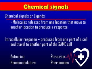 Chemical signals
            Chemical signals
Chemical signals or Ligands
   - Molecules released from one location that move to
   another location to produce a response.

Intracellular response – produces from one part of a cell
    and travel to another part of the SAME cell

   Autocrine                   Paracrine
   Neuromodulators             Pheromones
 