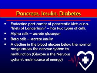 Pancreas, Insulin, Diabetes
       Pancreas, Insulin, Diabetes
•   Endocrine part consist of pancreatic islets a.k.a.
    “Islets of Langerhans” – has two types of cells.
•   Alpha cells – secrete glucagon
•   Beta cells – secrete insulin
•   A decline in the blood glucose below the normal
    range causes the nervous system to
    malfunction (Glucose is the Nervous
    system’s main source of energy)
 