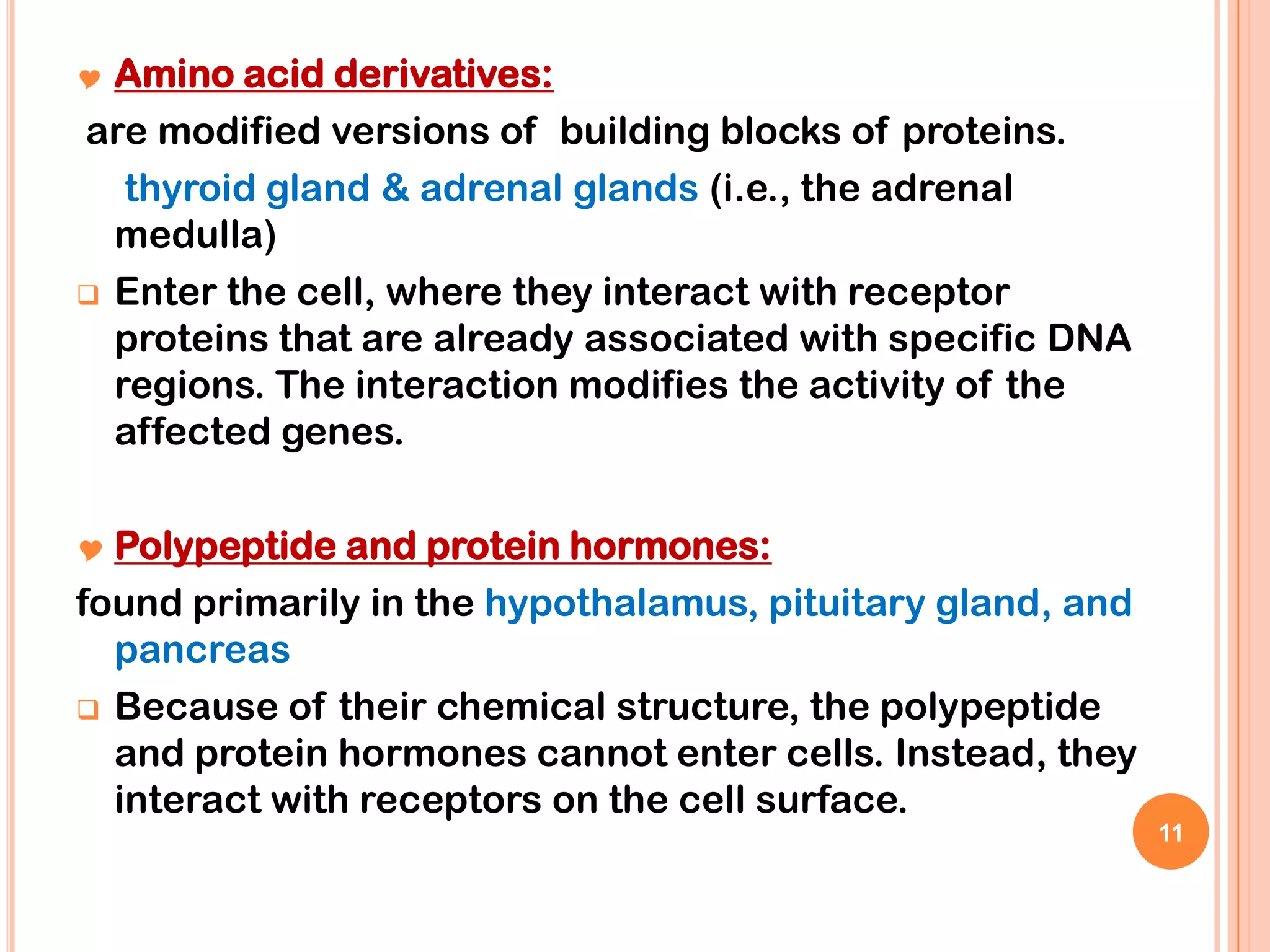  Amino acid derivatives:
are modified versions of building blocks of proteins.
   thyroid gland & adrenal glands (i.e., the adrenal
  medulla)
 Enter the cell, where they interact with receptor
  proteins that are already associated with specific DNA
  regions. The interaction modifies the activity of the
  affected genes.

 Polypeptide and protein hormones:
found primarily in the hypothalamus, pituitary gland, and
  pancreas
 Because of their chemical structure, the polypeptide
  and protein hormones cannot enter cells. Instead, they
  interact with receptors on the cell surface.
                                                            11
 