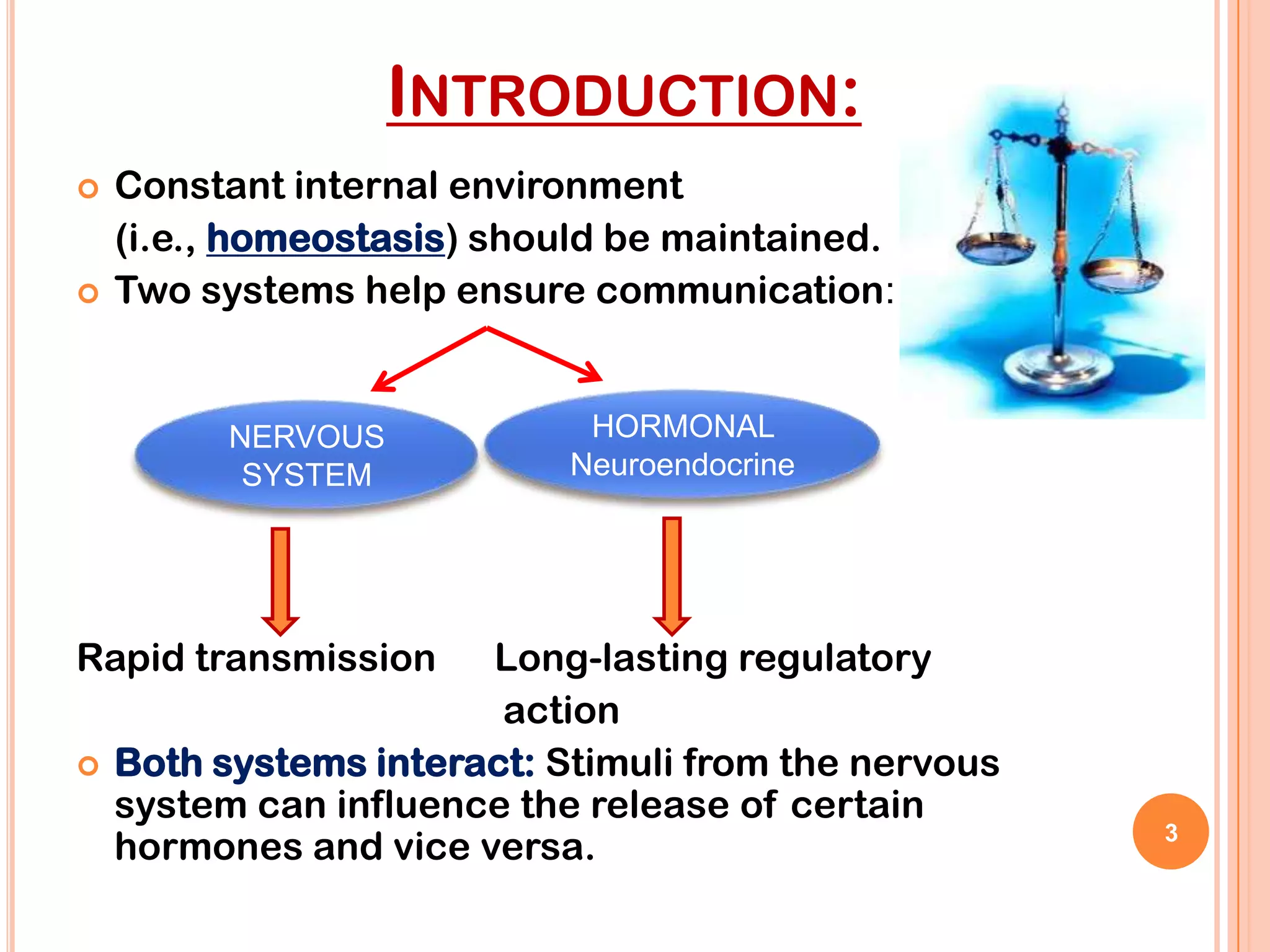 INTRODUCTION:
   Constant internal environment
    (i.e., homeostasis) should be maintained.
   Two systems help ensure communication:


          NERVOUS            HORMONAL
           SYSTEM           Neuroendocrine




Rapid transmission     Long-lasting regulatory
                        action
   Both systems interact: Stimuli from the nervous
    system can influence the release of certain
    hormones and vice versa.                          3
 