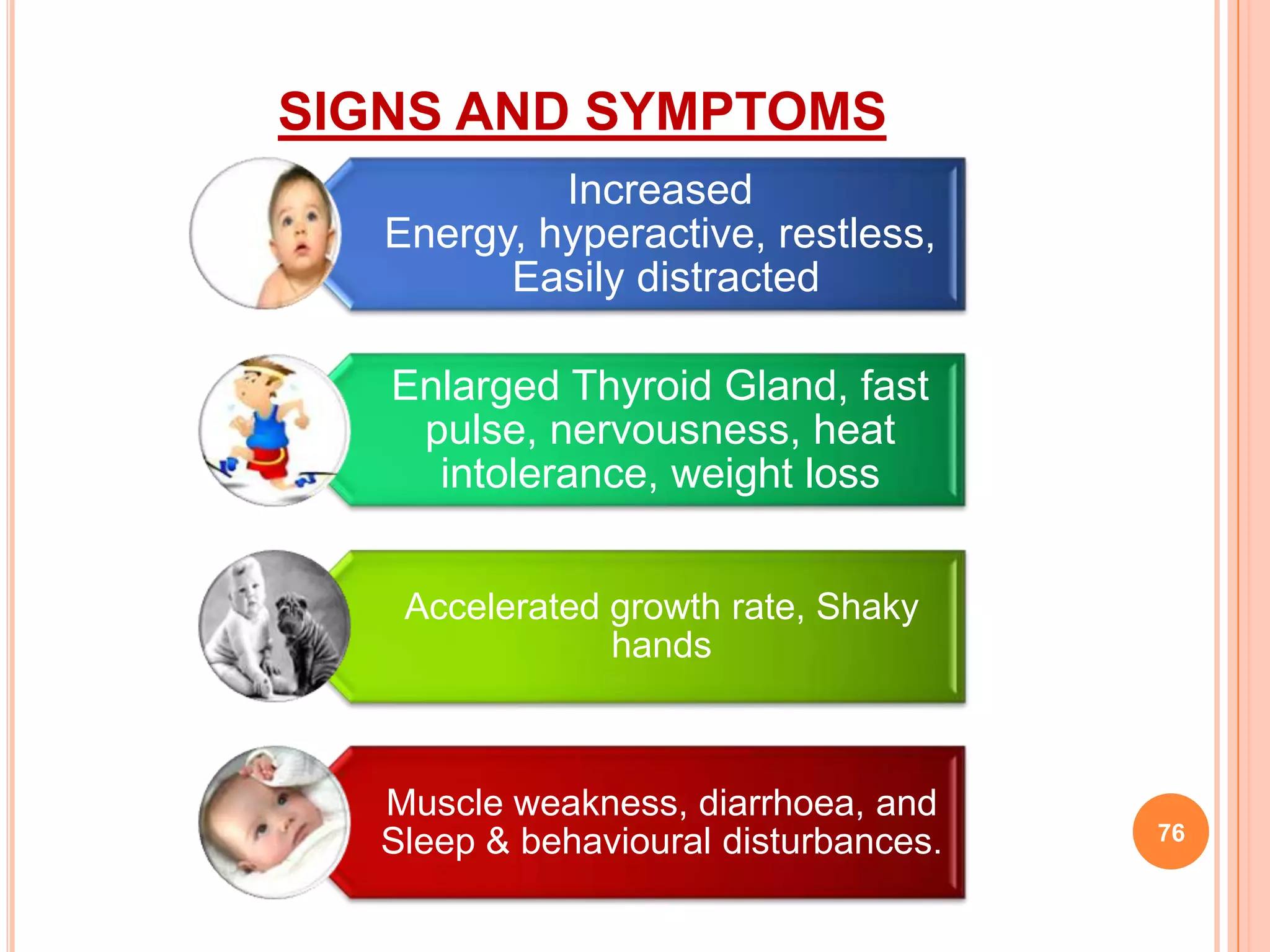 SIGNS AND SYMPTOMS
            Increased
   Energy, hyperactive, restless,
         Easily distracted

   Enlarged Thyroid Gland, fast
    pulse, nervousness, heat
     intolerance, weight loss


    Accelerated growth rate, Shaky
                hands



   Muscle weakness, diarrhoea, and
   Sleep & behavioural disturbances.   76
 