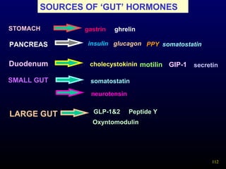 112
SOURCES OF ‘GUT’ HORMONES
PANCREAS
STOMACH
SMALL GUT
LARGE GUT
gastrin ghrelin
Duodenum cholecystokinin motilin
somatostatin
neurotensin
GIP-1
GLP-1&2 Peptide Y
insulin glucagon PPY somatostatin
secretin
Oxyntomodulin
 