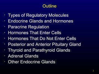 2
Outline
• Types of Regulatory Molecules
• Endocrine Glands and Hormones
• Paracrine Regulation
• Hormones That Enter Cells
• Hormones That Do Not Enter Cells
• Posterior and Anterior Pituitary Gland
• Thyroid and Parathyroid Glands
• Adrenal Glands
• Other Endocrine Glands
 