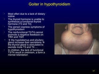 67
Goiter in hypothyroidism
• Most often due to a lack of dietary
iodine
• The thyroid hormone is unable to
synthesize a functional thyroid
hormone (T3 and T4)
• The person express symptoms of
hypothyroidism
• The nonfunctional T3/T4 cannot
promote a negative feedback on
TRH and TSH

 the hypotalamus and pituitary
gland increase their secretions 
the thyroid gland is stimulated to
secrete more T3 and T4 …
• In children, the lack of functional
T3/T4 result in cretinism, a form a
mental retardation
 