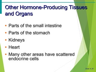 Slide 9.39
Other Hormone-Producing TissuesOther Hormone-Producing Tissues
and Organsand Organs
• Parts of the small intestine
• Parts of the stomach
• Kidneys
• Heart
• Many other areas have scattered
endocrine cells
 